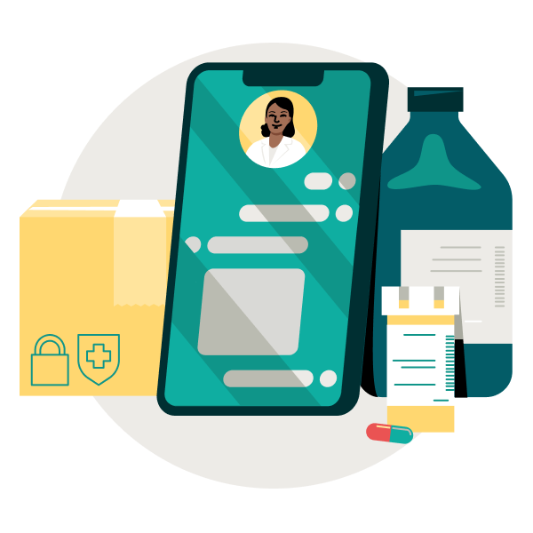 A smartphone alongside a shipping box and prescription medications